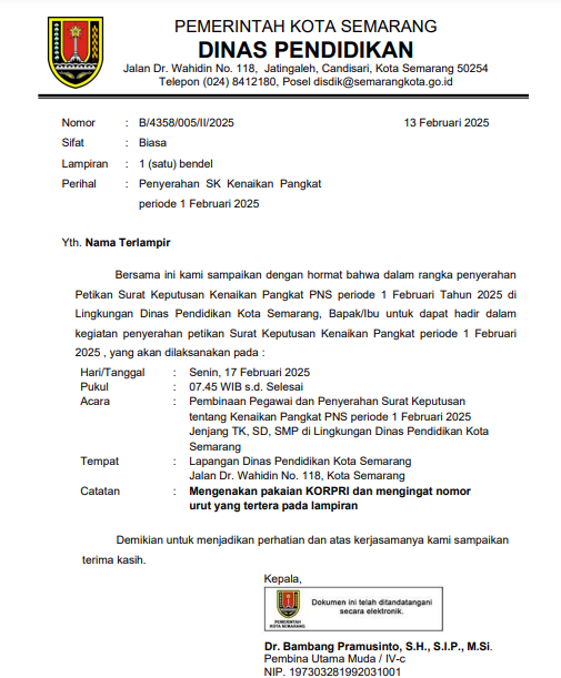 Undangan Penyerahan SK Kenaikan Pangkat periode 1 Februari 2025
